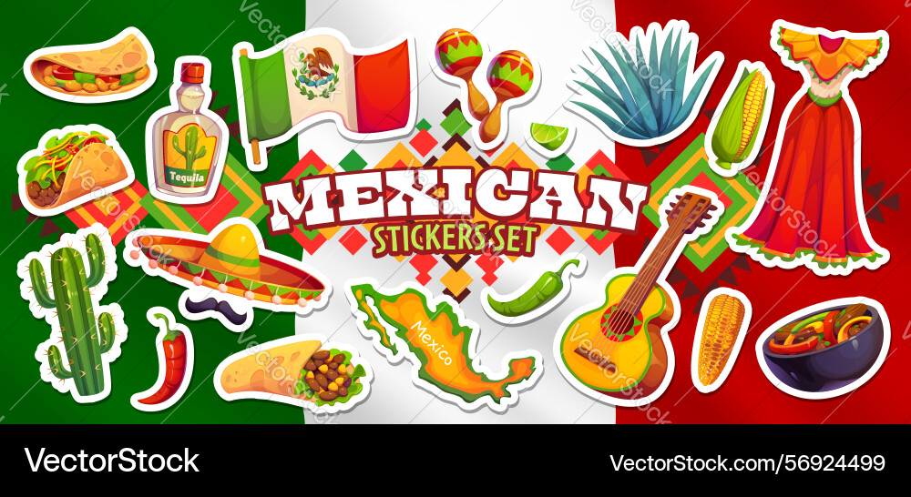 Mexican cuisine food holiday items stickers pack Vector Image