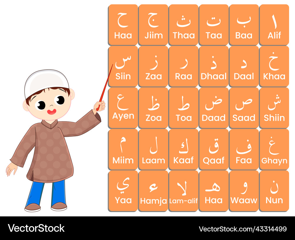 Muslimischer Junge unterrichtet arabisches Alphabet Vektorbild