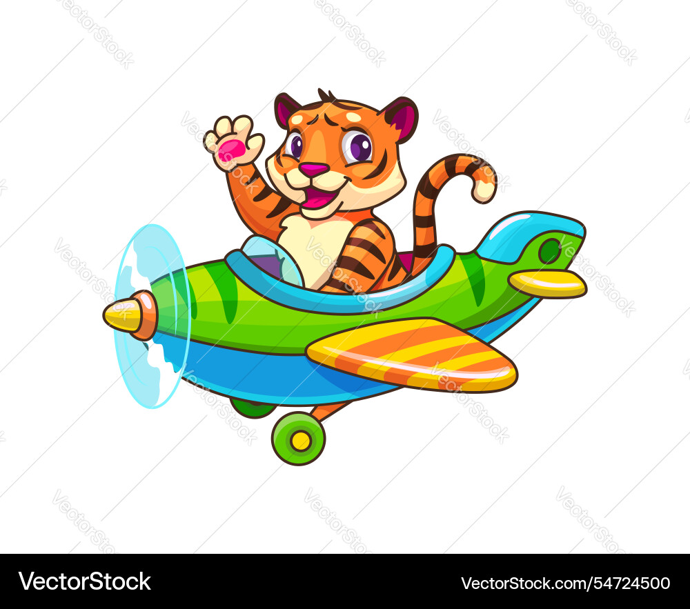Cartoon tiger animal kid pilot character on plane Cartoon tiger animal kid pilot character on plane vector image