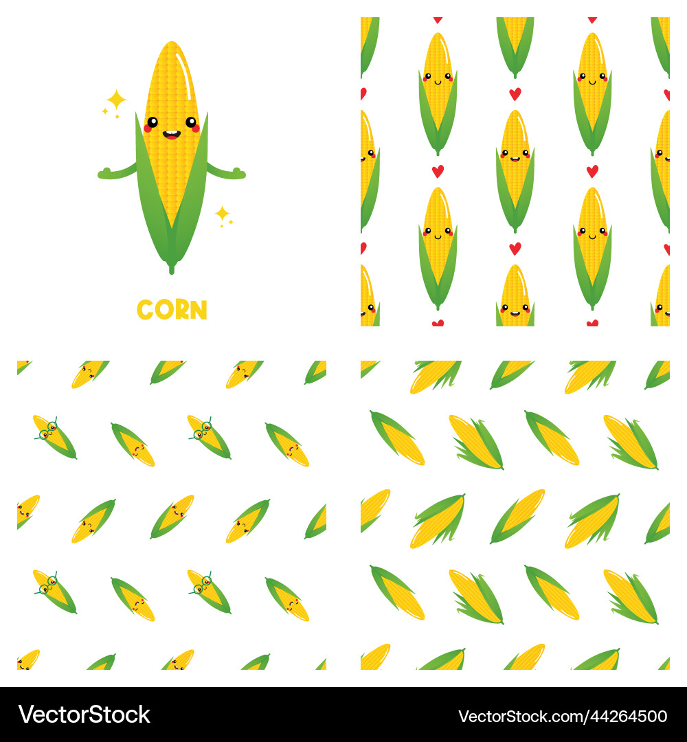 Corn character and set of three patterns Corn character and set of three patterns vector image