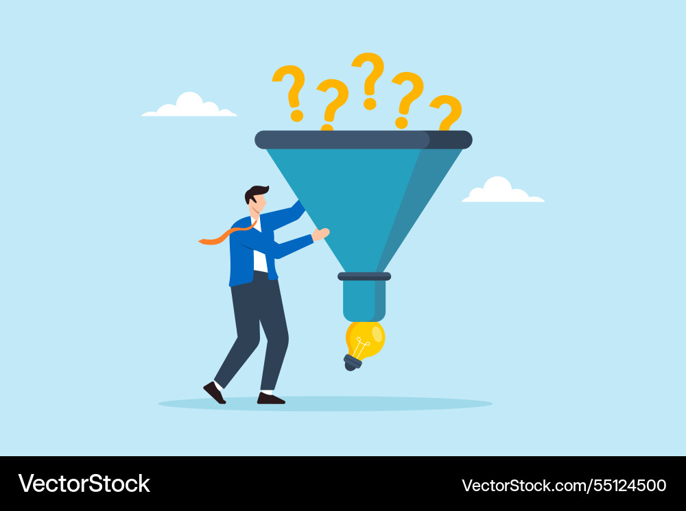 Flat of smart businessman using funnel to filter Flat of smart businessman using funnel to filter vector image
