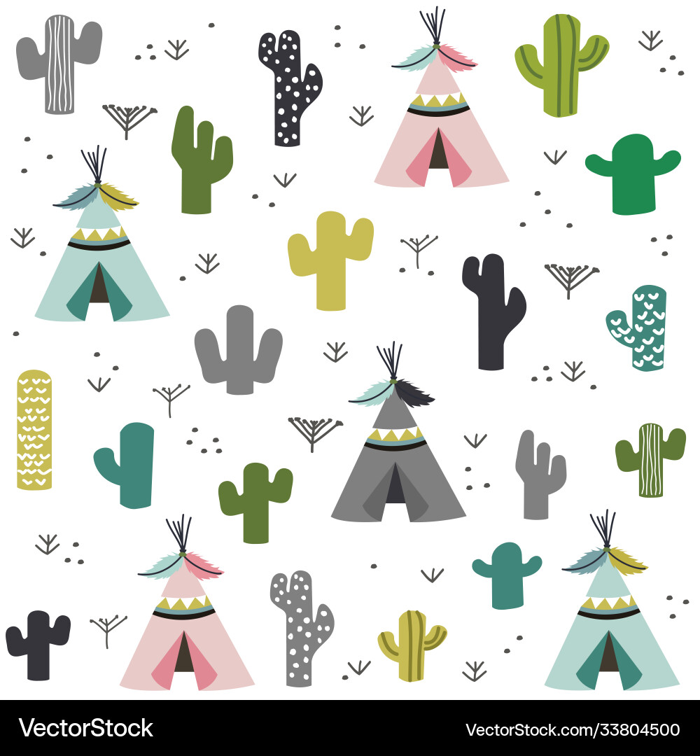 Hand drawn tent and cactus pattern vector image
