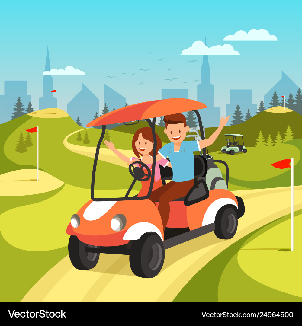 Junges Paar Fahrwagen auf grünem Golfplatz Junges Paar Fahrwagen auf grünem Golfplatz vektorbild