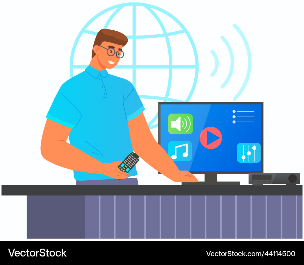 Man using worldwide network on tv or computer Man using worldwide network on tv or computer vector image