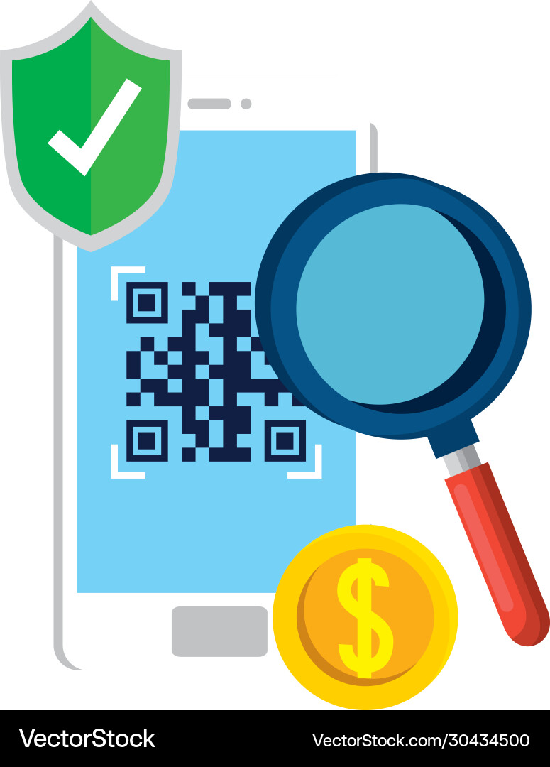 Qr code inside smartphone shield and lupe Vector Image
