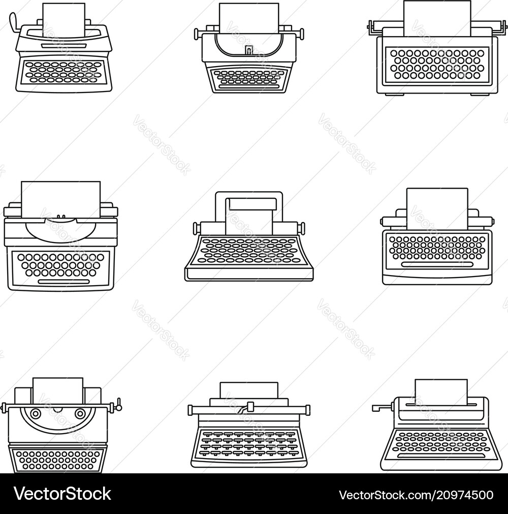 Typewriter machine keys icons set outline style Typewriter machine keys icons set outline style vector image