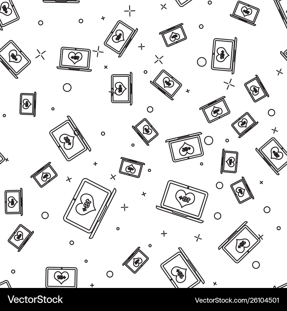 Black line laptop computer with 18 plus content Black line laptop computer with 18 plus content Vector Image