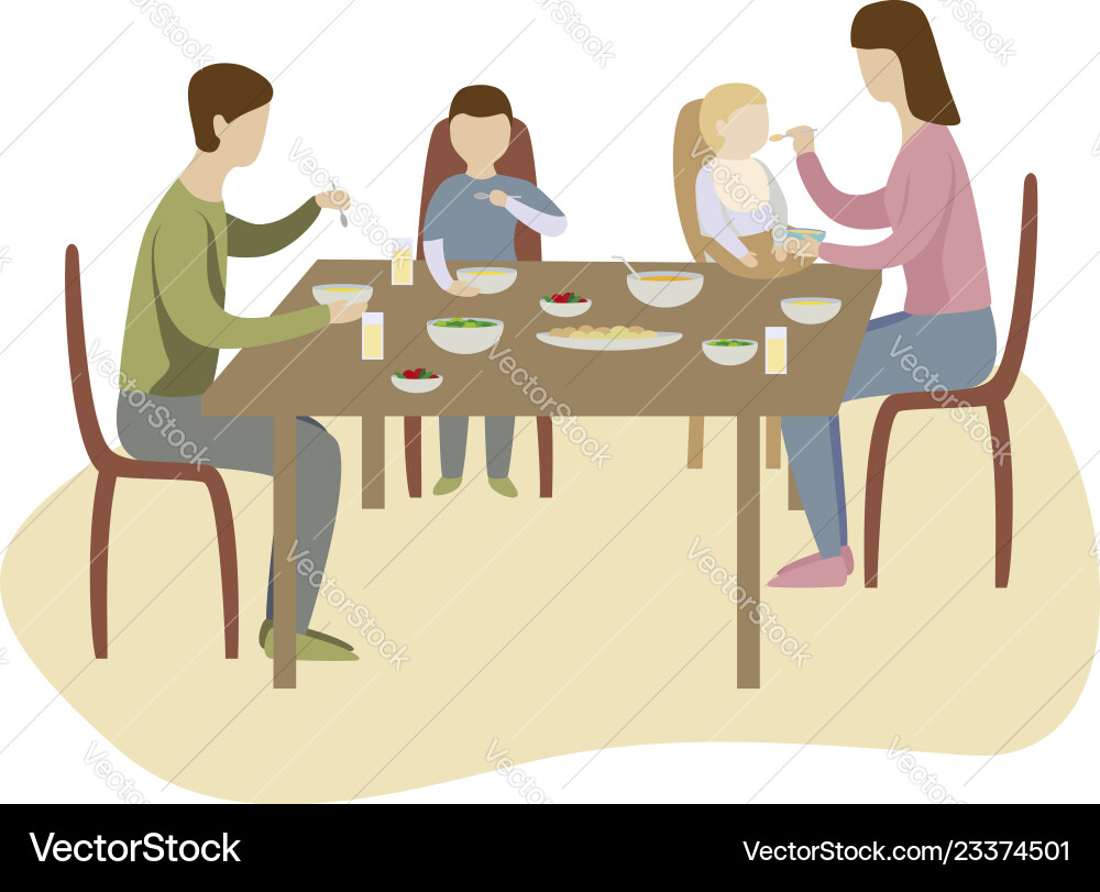 Familienessen in der Küche an der großen Tischmutter Familienessen in der Küche an der großen Tischmutter vektorbild