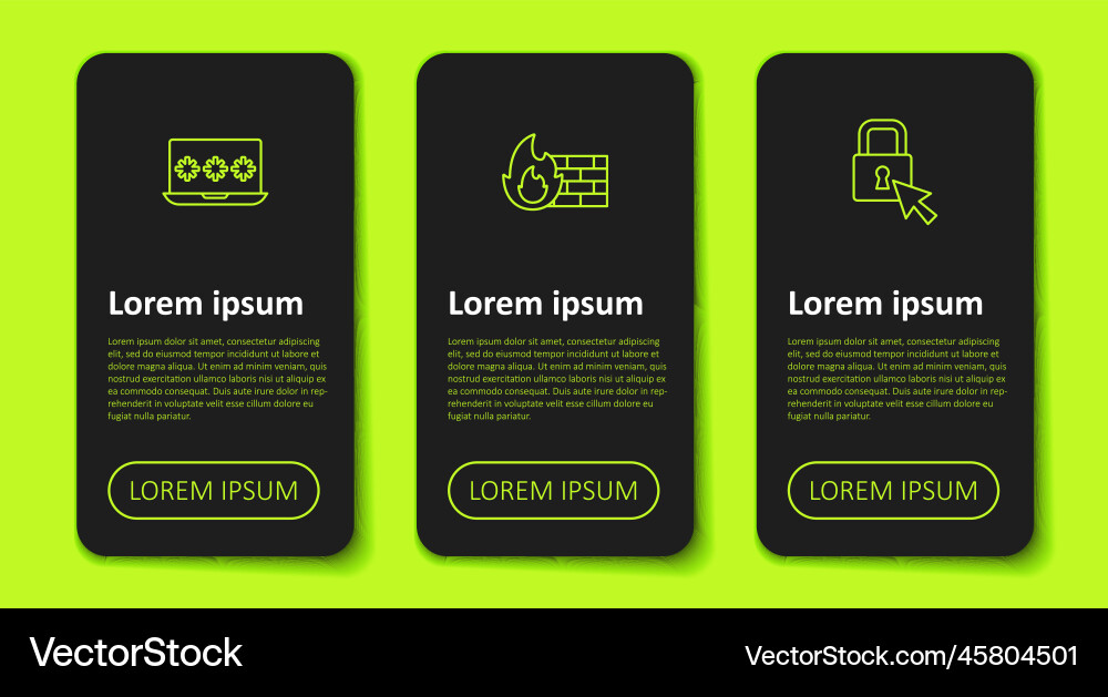 Set line laptop with password firewall security Set line laptop with password firewall security vector image