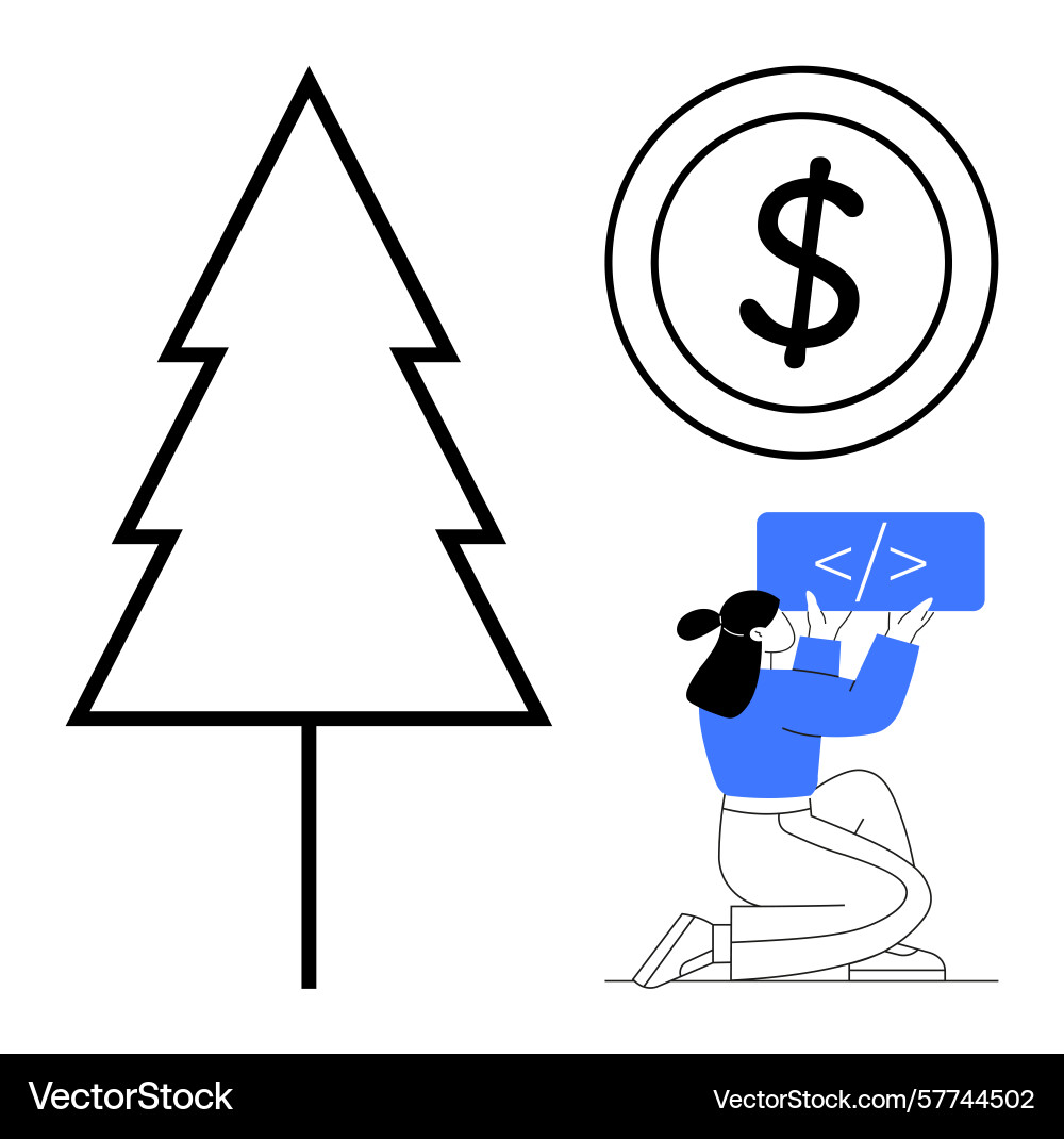 Female developer coding near dollar coin Vector Image