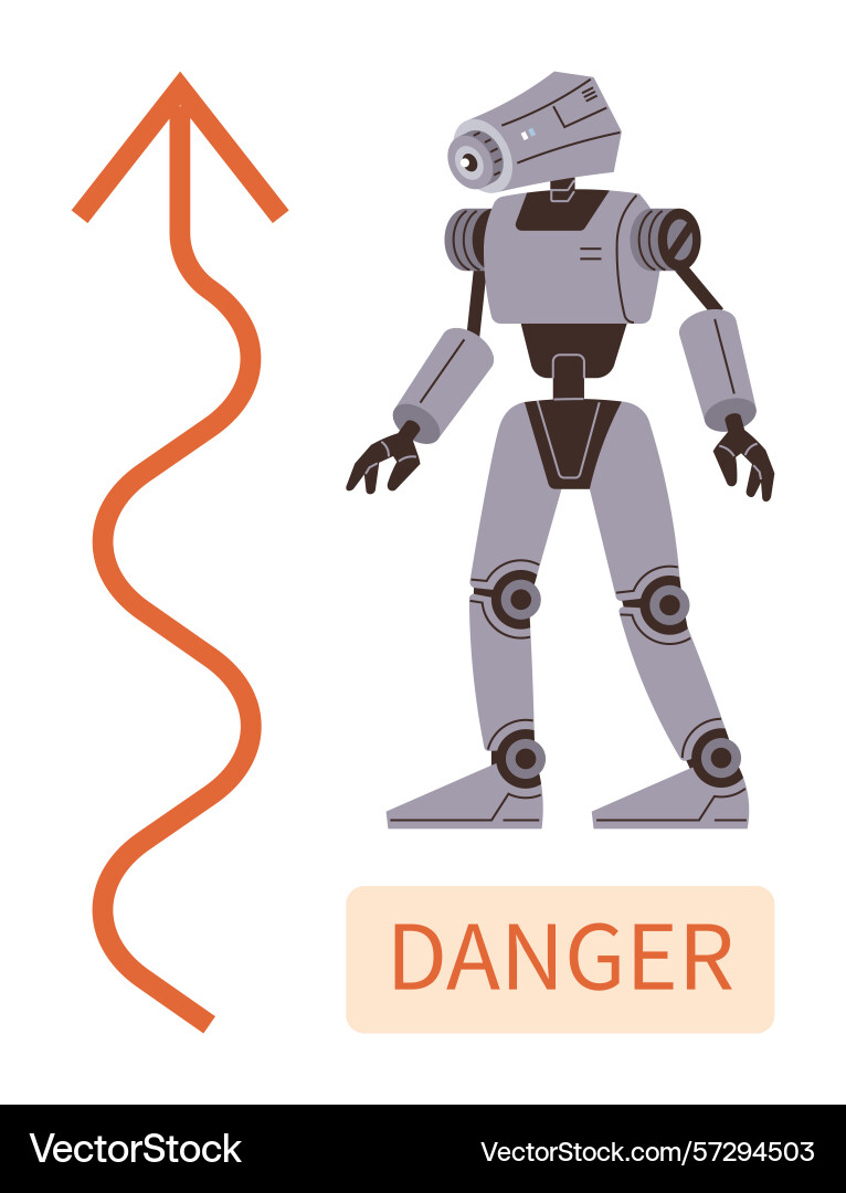 Advanced robot with danger warning sign and upward Advanced robot with danger warning sign and upward vector image