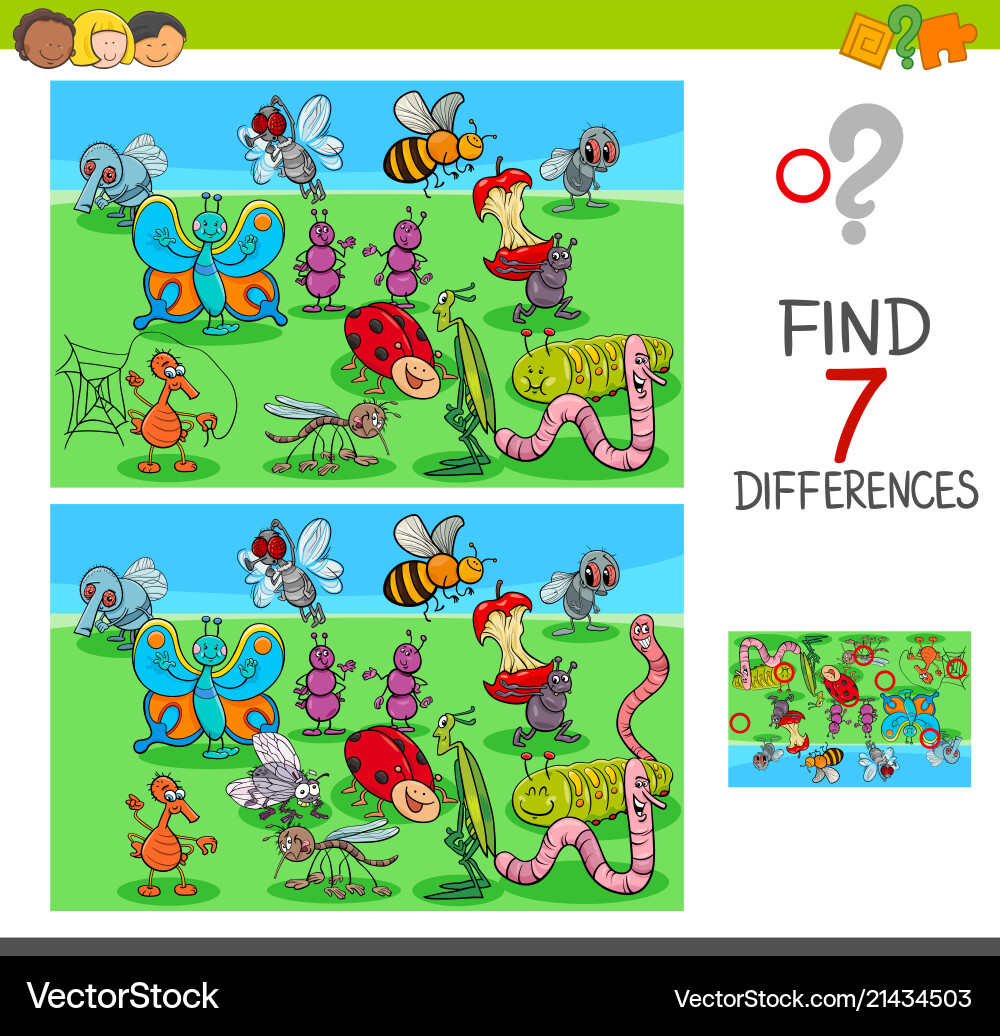 Find differences game with insect animals Vector Image