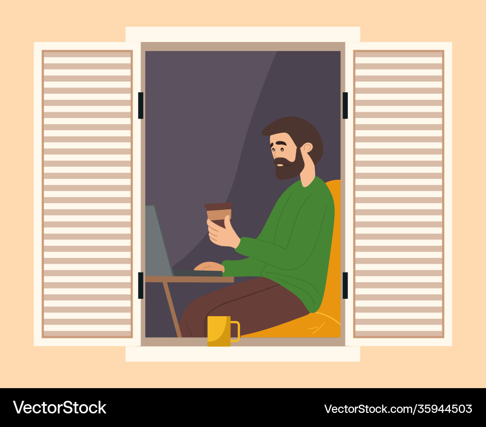 Guy working with computer and drinking coffee vector image