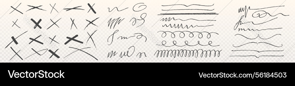 Handdrawn highlight lines and cross marks set Handdrawn highlight lines and cross marks set Vector Image