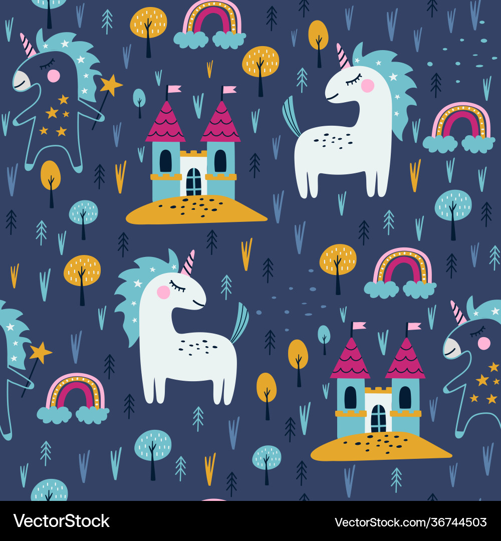 Seamless pattern with cute unicorn and castle Vector Image