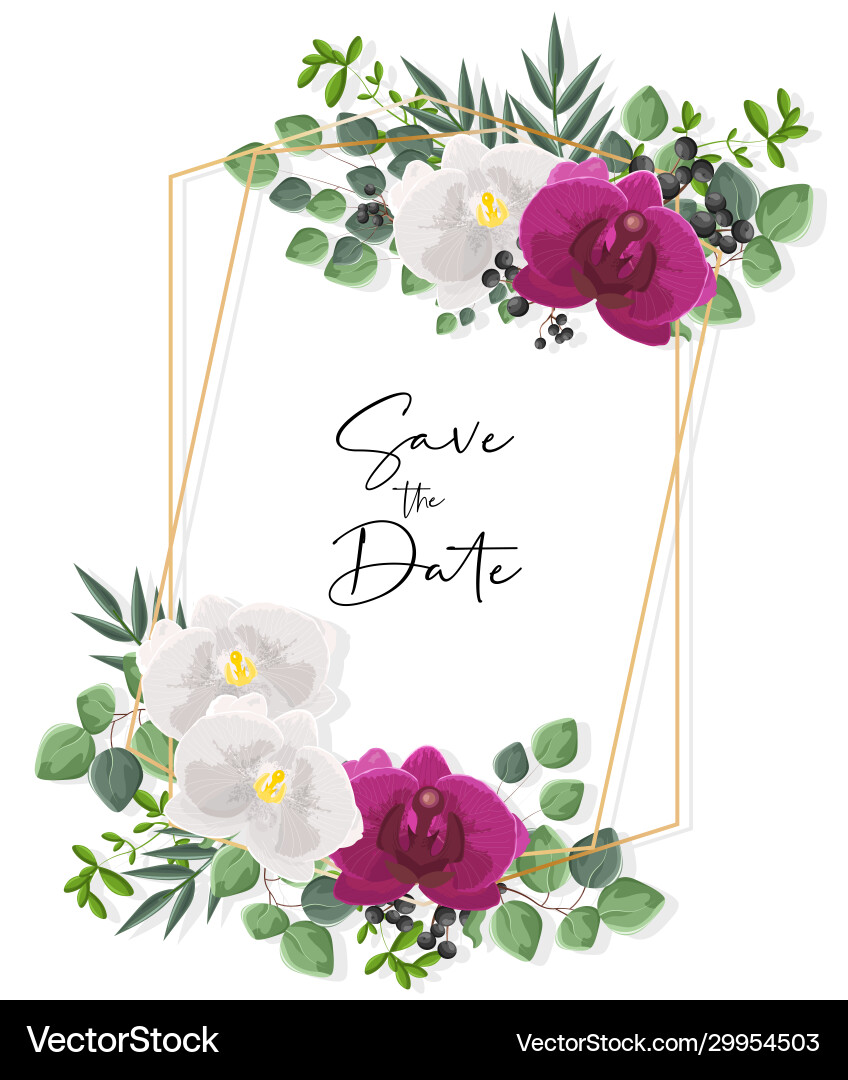 Wedding card with white and purple orchid flowers vector image