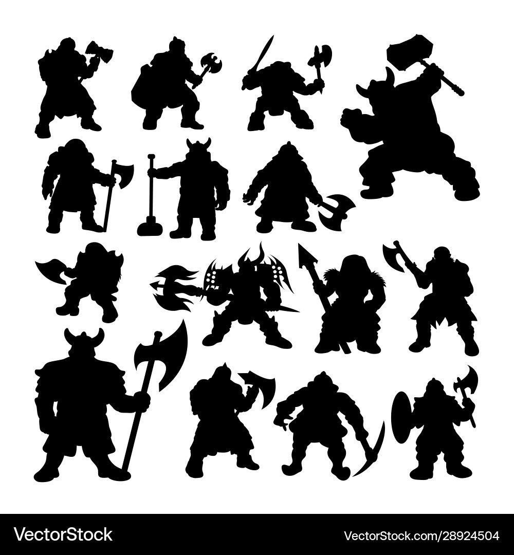 Dwarf warrior silhouettes vector image