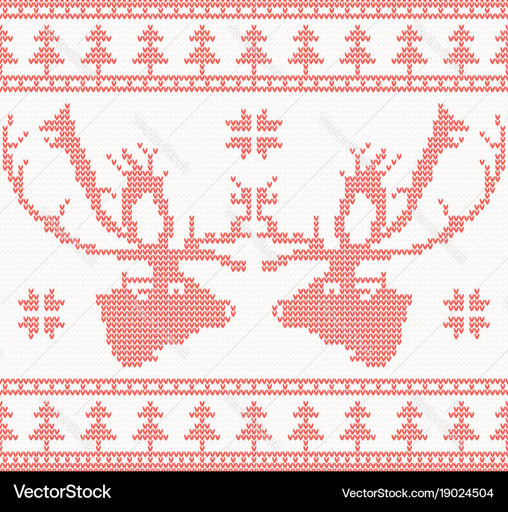Knitted deer seamless pattern in red color vector image