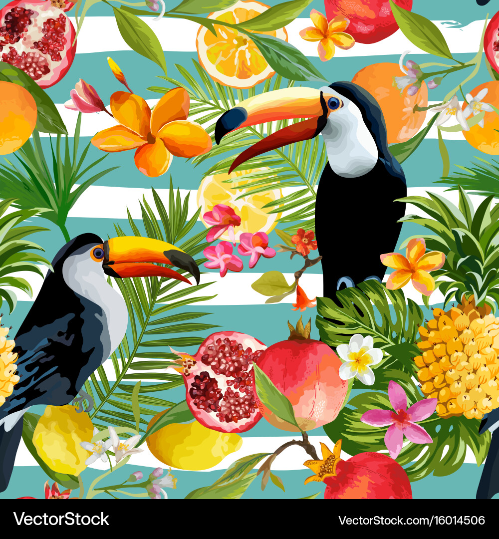 Tropical Fruits and Toucan Pattern vector image