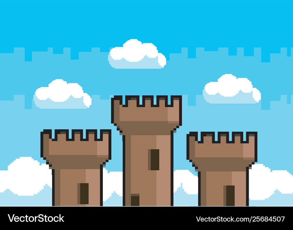 Arcade game world and pixel scene design Vector Image