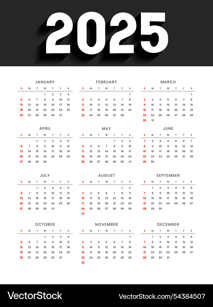 Black white 2025 full page calendar layout design Black white 2025 full page calendar layout design vector image