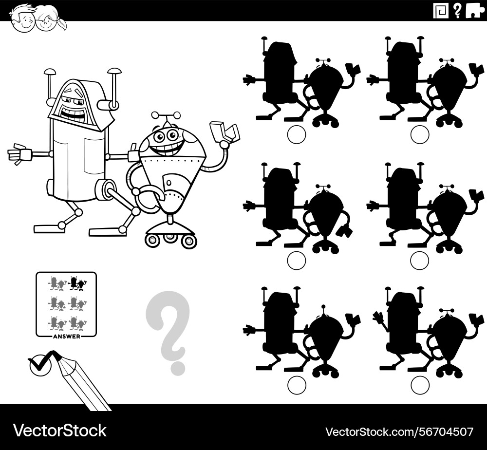 Shadow puzzle with two cartoon robot characters Vector Image