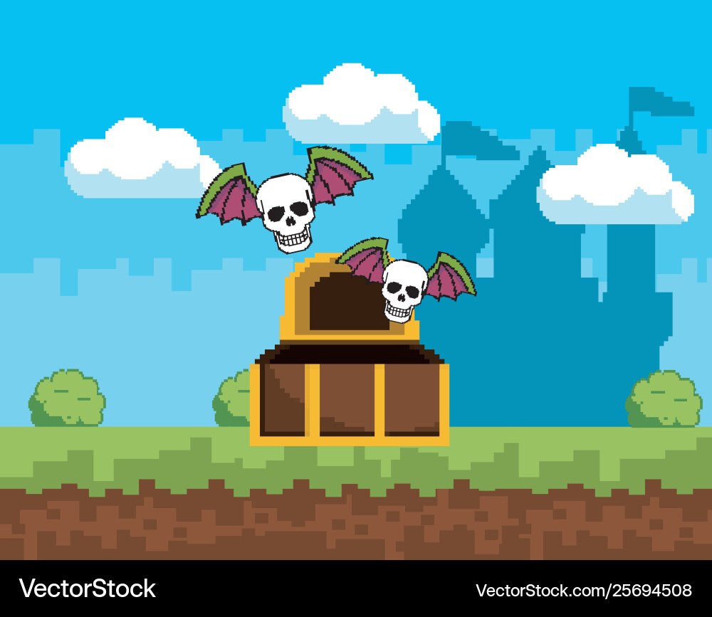 Arcade game world and pixel scene design Vector Image