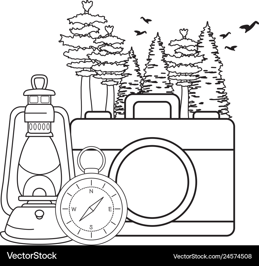 Compass guide with camera and kerosene lamp Compass guide with camera and kerosene lamp Vector Image