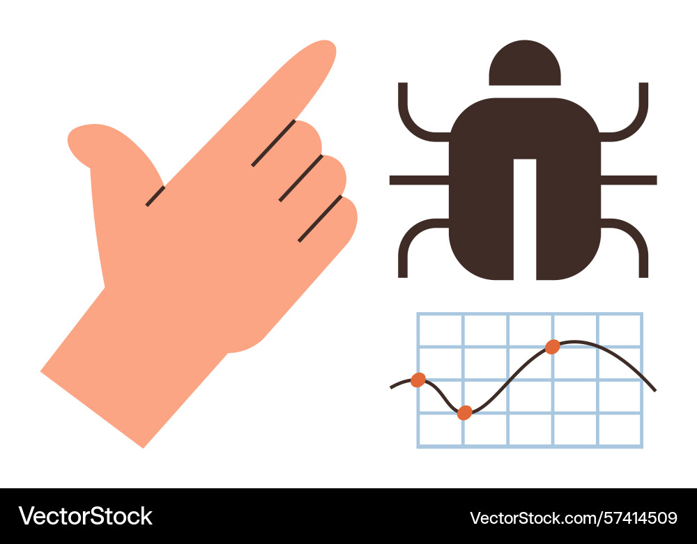 Hand indicating debugging process with insect icon vector image