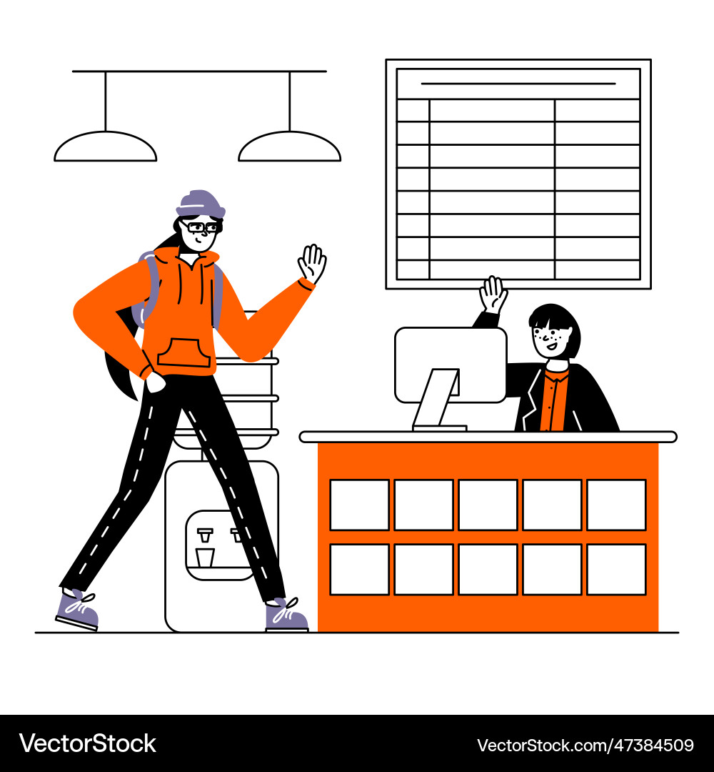 Lady sitting at table with computer in reception Lady sitting at table with computer in reception vector image