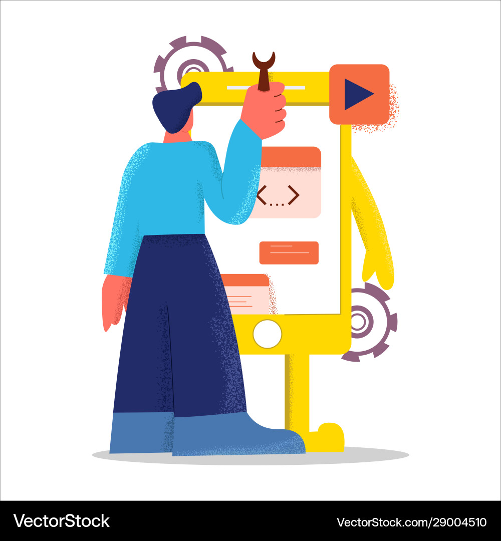 Abstract flat design male developer create mobile Abstract flat design male developer create mobile vector image