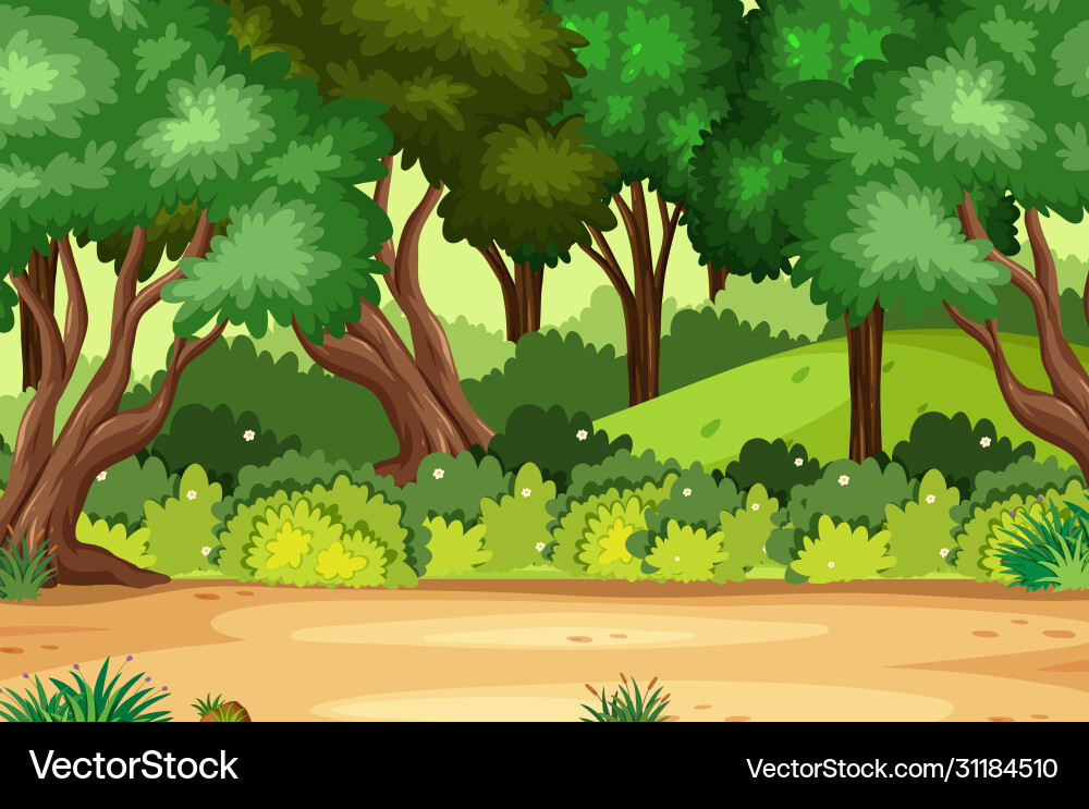 Background scene with many trees in forest Background scene with many trees in forest Vector Image