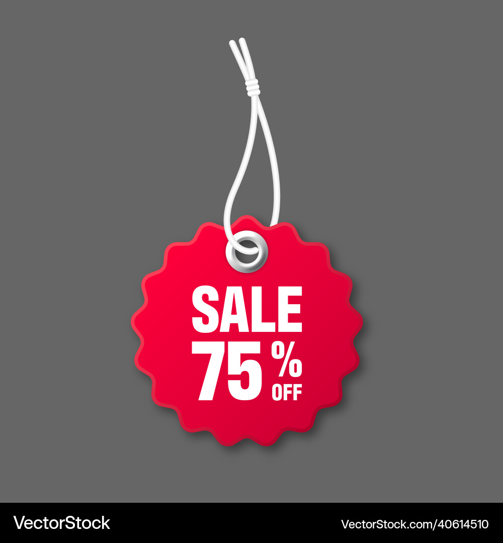 Realistic red price tag with white string on gray Realistic red price tag with white string on gray vector image