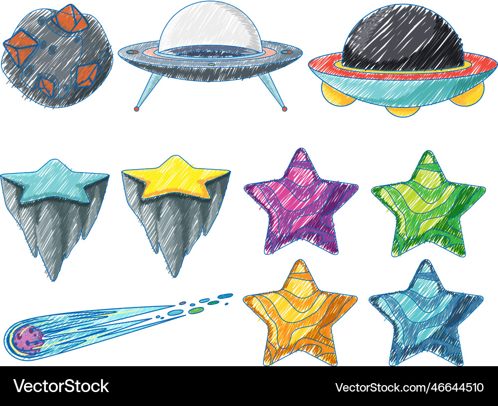 Space objects in pencil colour sketch simple style vector image