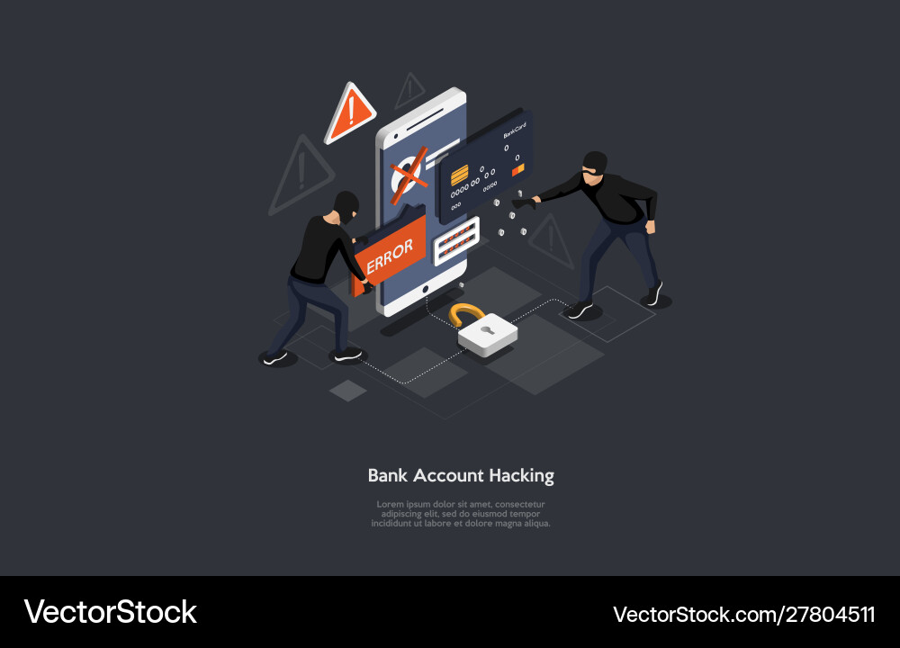 Isometric bank account hacker attack and personal Isometric bank account hacker attack and personal vector image