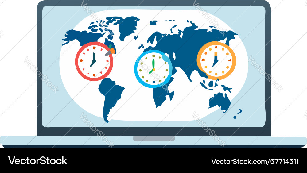 Laptop displaying global time zone map design vector image