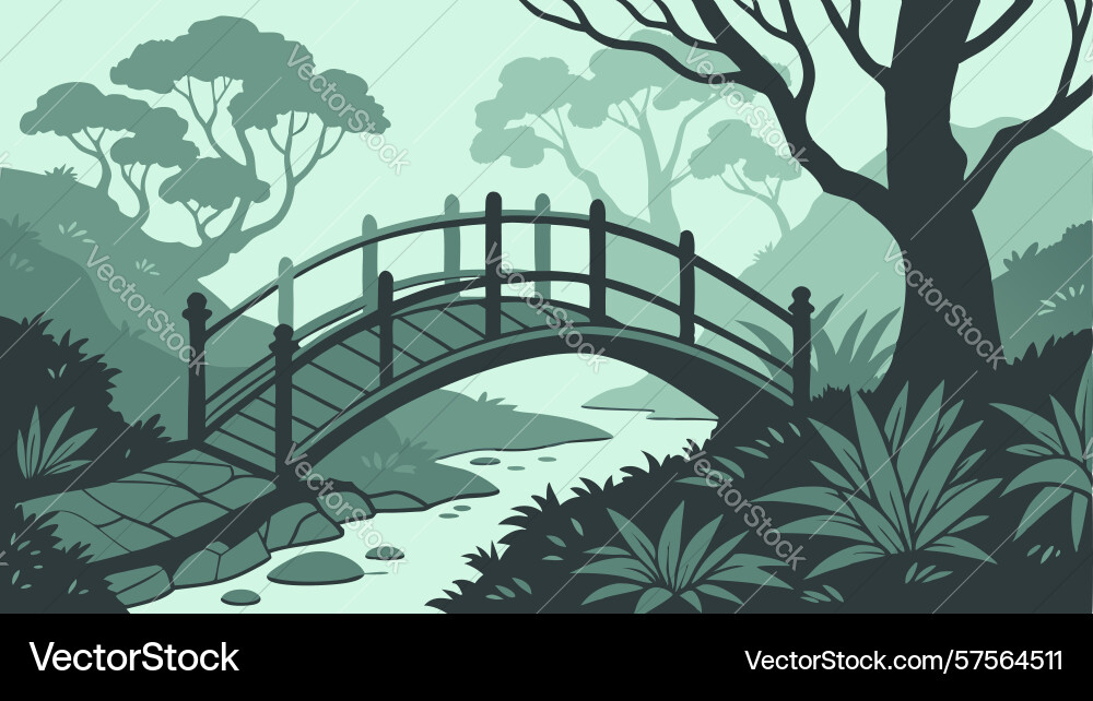 Rustic arch bridge in a muted forest setting Vector Image