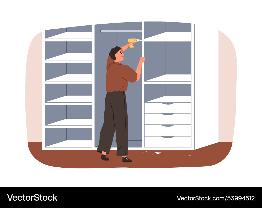 Assembling furniture wardrobe worker installing Assembling furniture wardrobe worker installing Vector Image