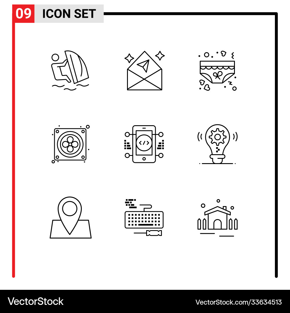 Group 9 modern outlines set for coding fan Vector Image