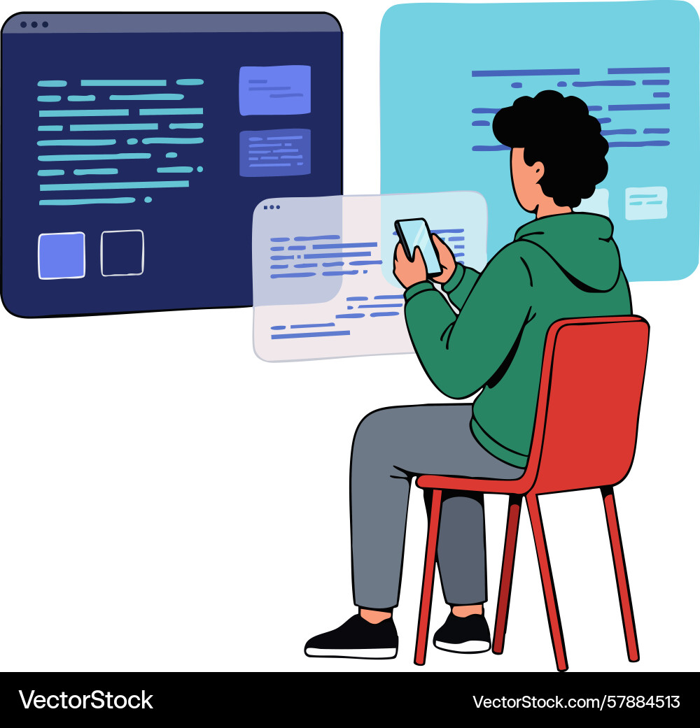 Young man coding on smartphone with digital code vector image
