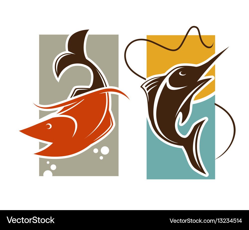 Fishing time logo template fish catch on rod hook vector image