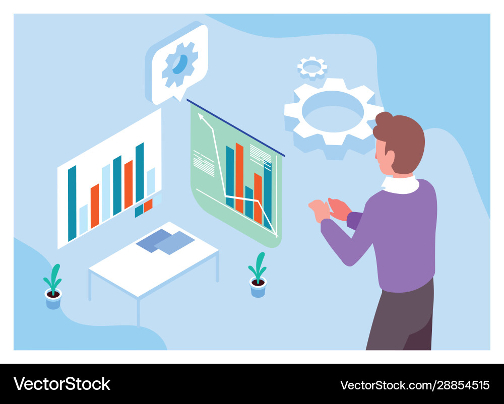 Man with graphs in front business working Vector Image