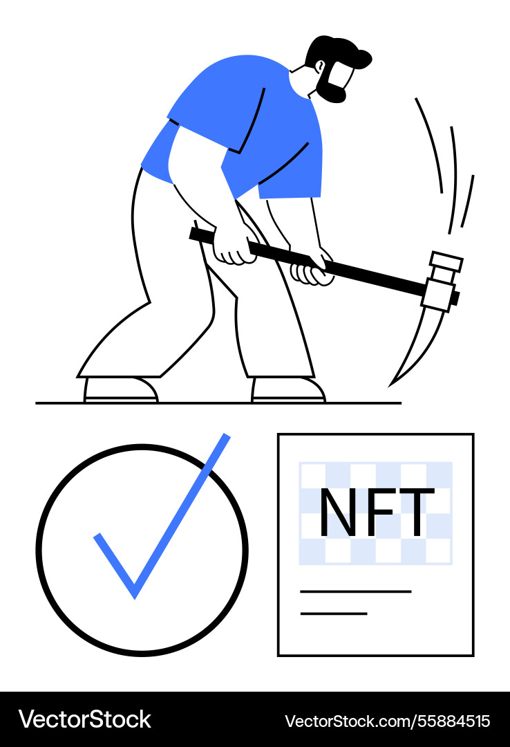 Worker mining with a pickaxe alongside nft concept Worker mining with a pickaxe alongside nft concept vector image