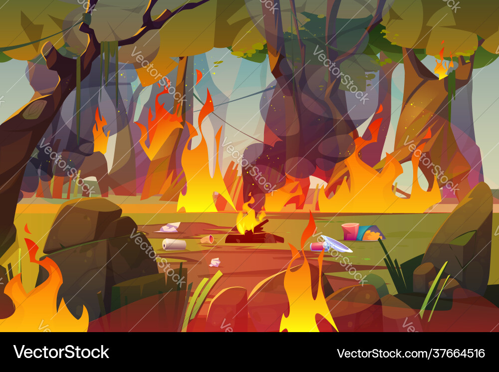 Fire in forest polluted wood with raging flames Fire in forest polluted wood with raging flames vector image