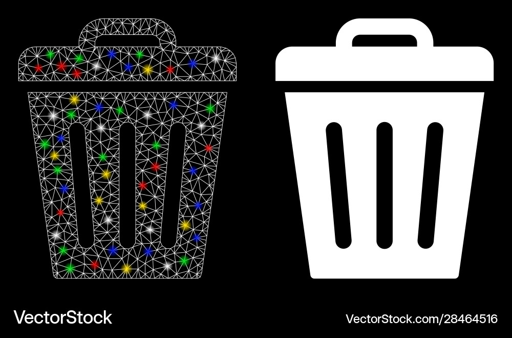 Glowing mesh network trash can icon with flare vector image