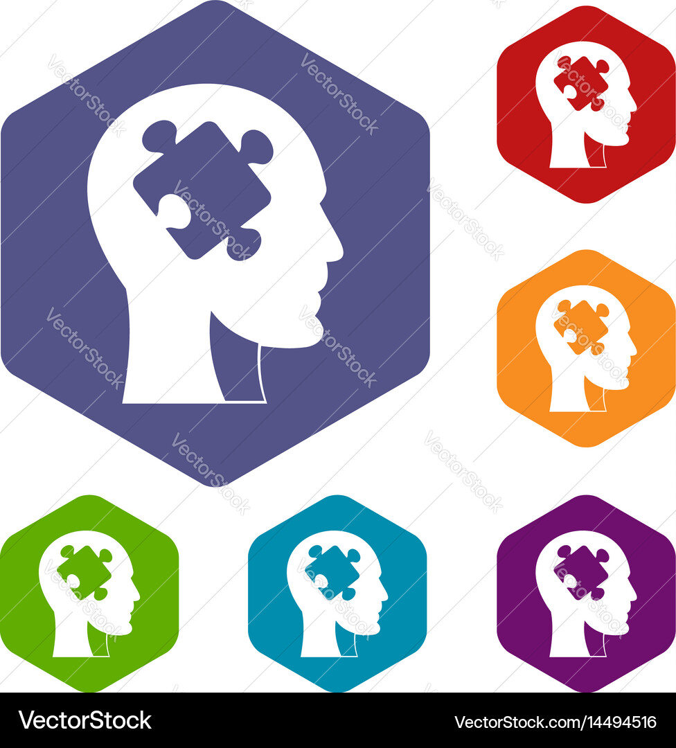 Head with puzzle icons set hexagon vector image
