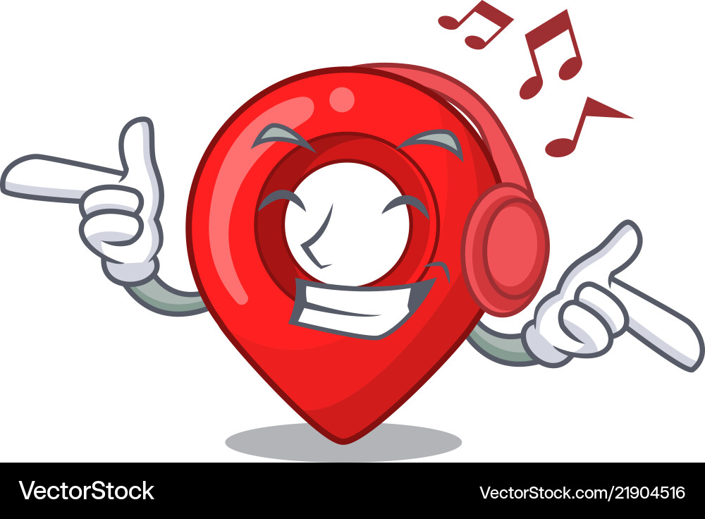Listening music map pointer navigation pin mascot Listening music map pointer navigation pin mascot vector image