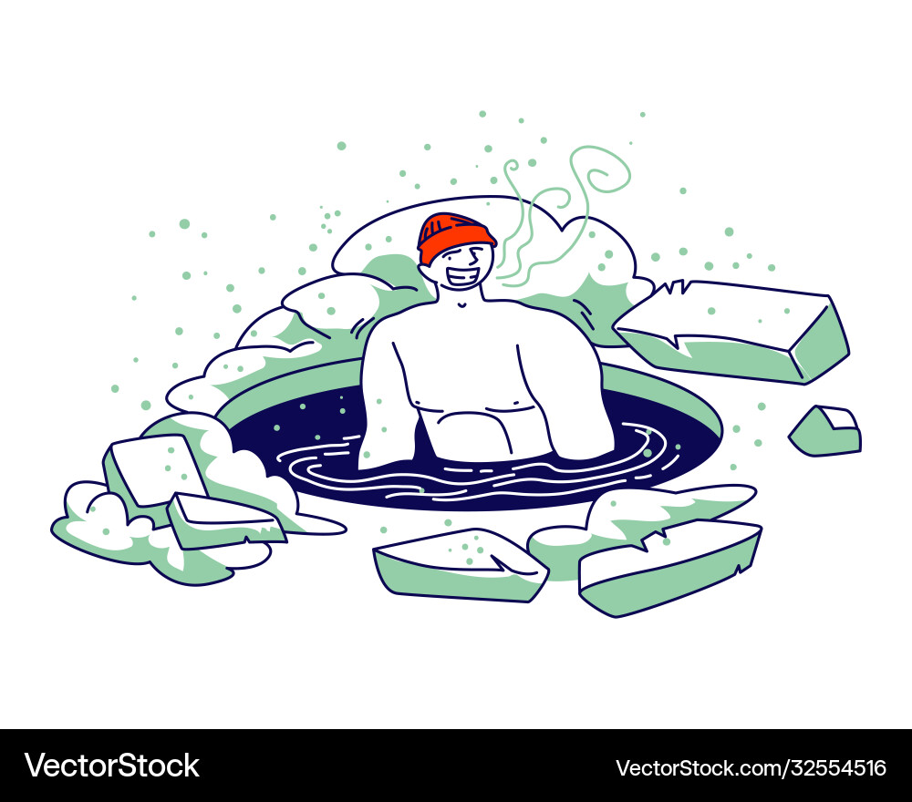 Male character swimming in ice hole winter Male character swimming in ice hole winter Vector Image