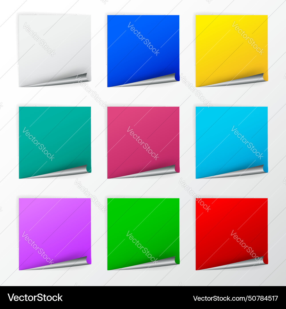 Blank colorful square stickers with curl sets Blank colorful square stickers with curl sets Vector Image