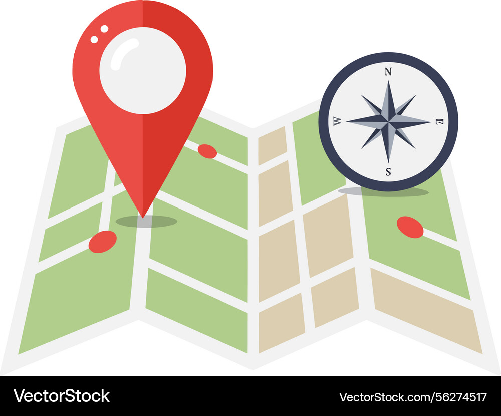 Folded map with red location pins and compass vector image
